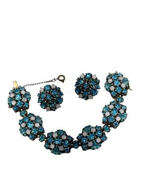 Vintage 1950 Hollycraft Aqua Rhinestone Bracelet Earring Demi Set